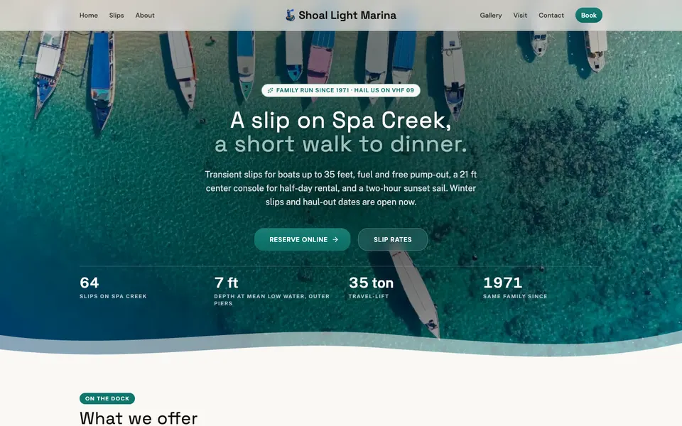 Home page of Shoal Light Marina, a demo boating website