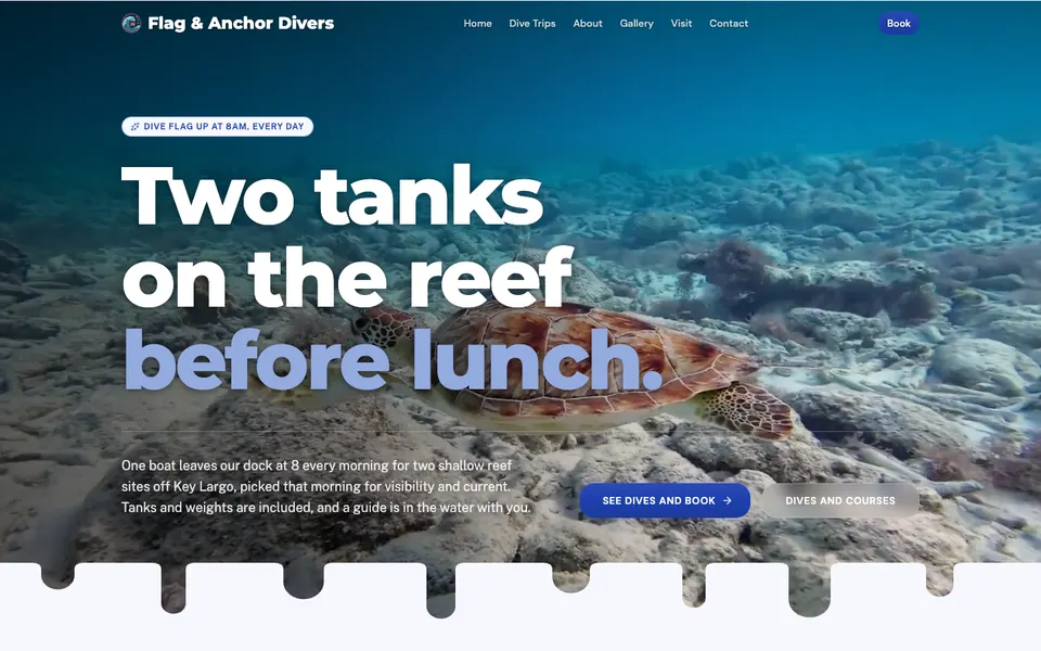 Home page of Flag & Anchor Divers, a demo diving website