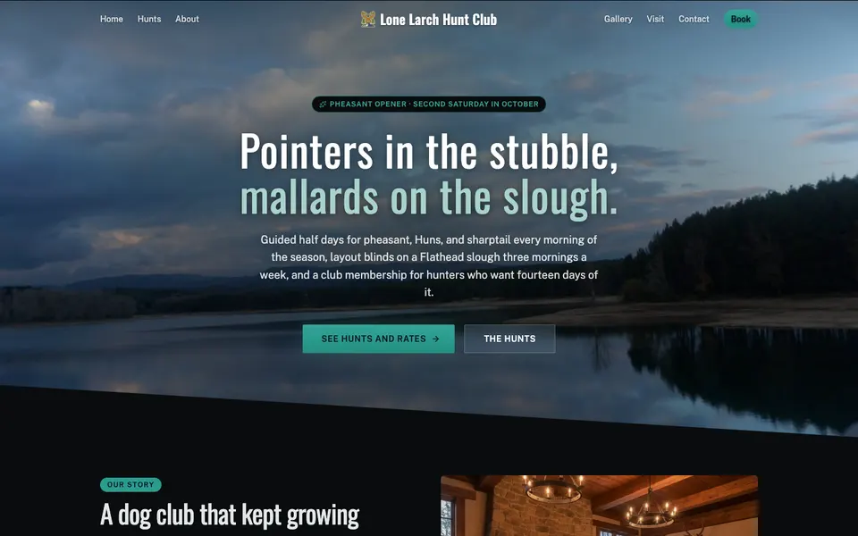 Home page of Lone Larch Hunt Club, a demo hunting website