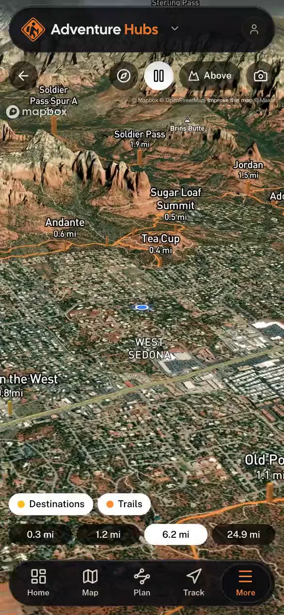 Nearby places standing on the real terrain in 3D in the Adventure Hubs app