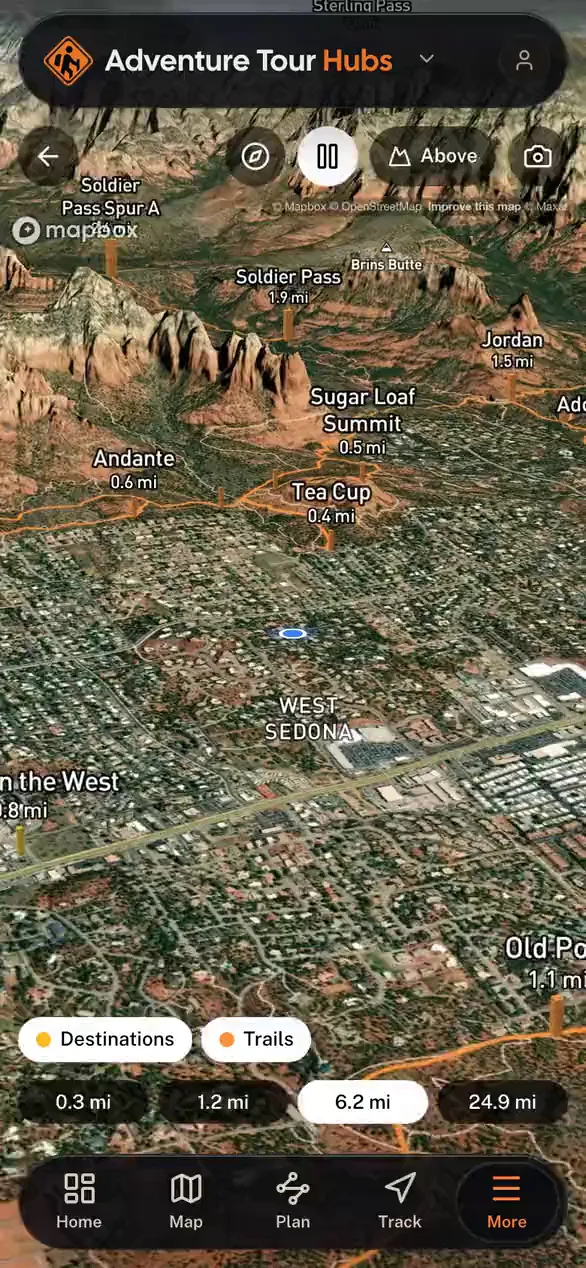 Nearby places standing on the real terrain in 3D in the Adventure Hubs app