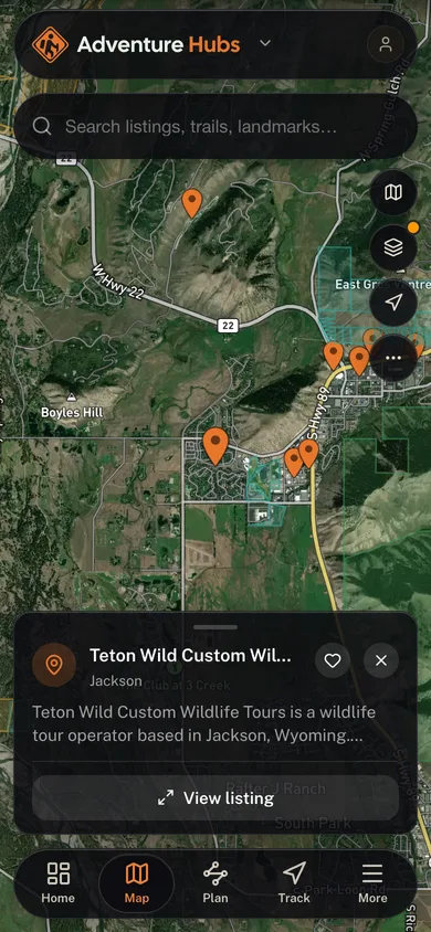Nearby places mapped in the Adventure Hubs app
