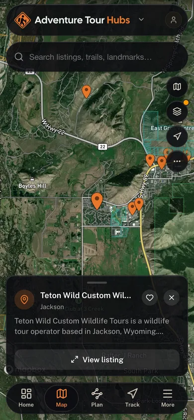 Nearby places mapped in the Adventure Hubs app