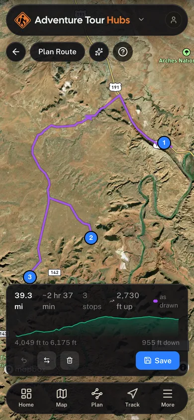 A planned route with its distance, stops and elevation profile in the Adventure Hubs app