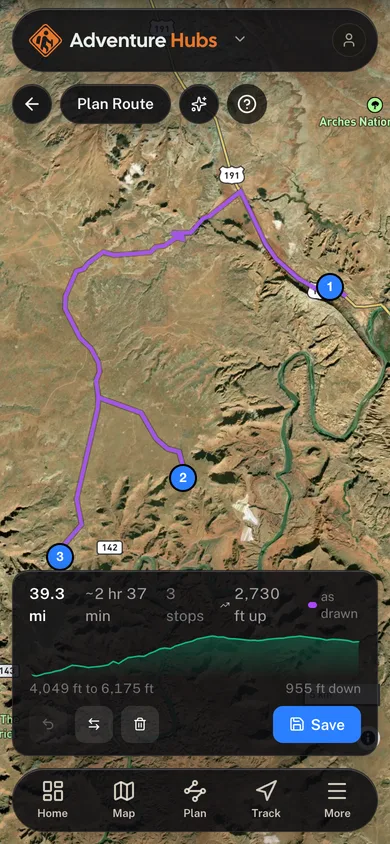 A planned route with its distance, stops and elevation profile in the Adventure Hubs app