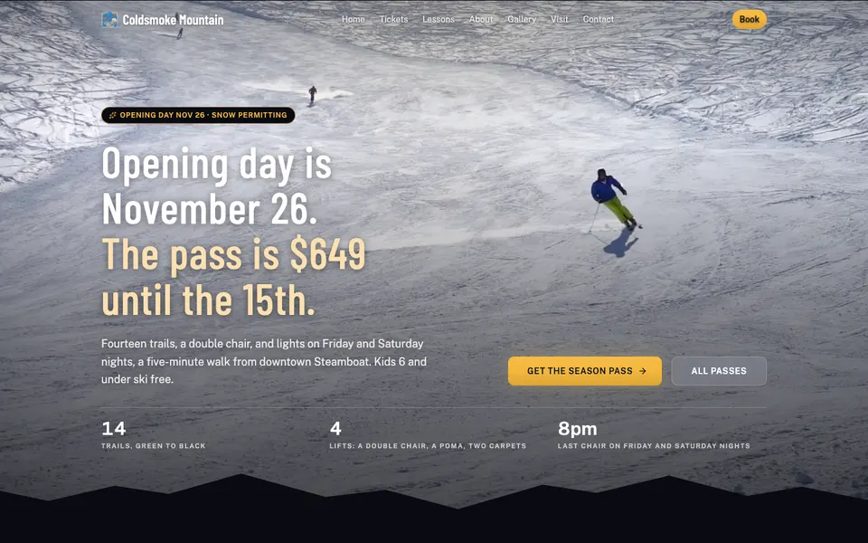 Home page of Coldsmoke Mountain, a demo ski website