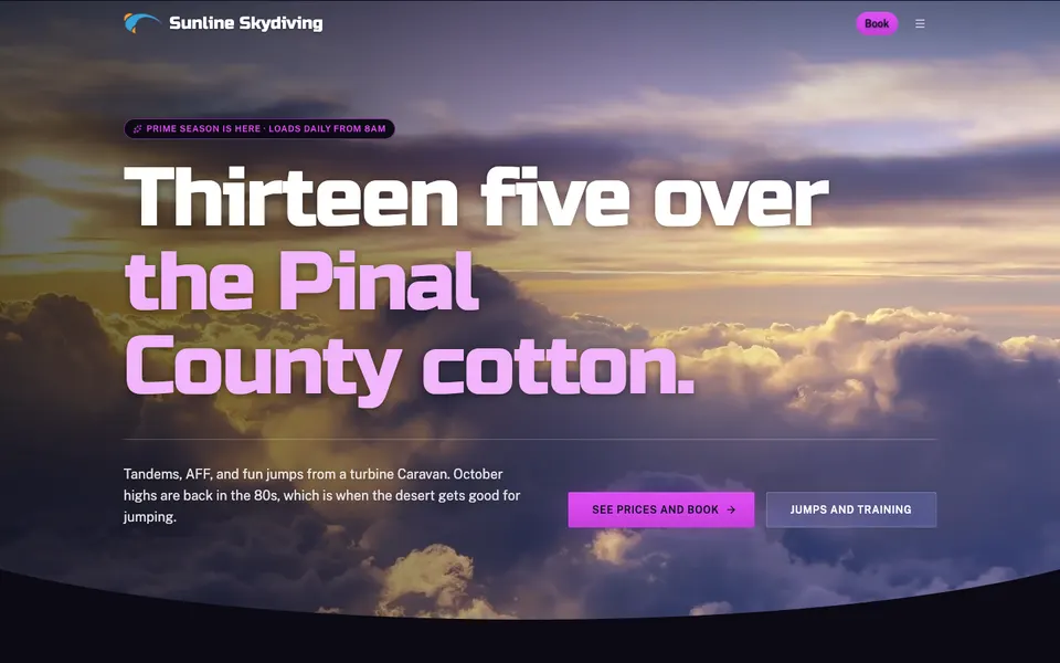 Home page of Sunline Skydiving, a demo skydiving website