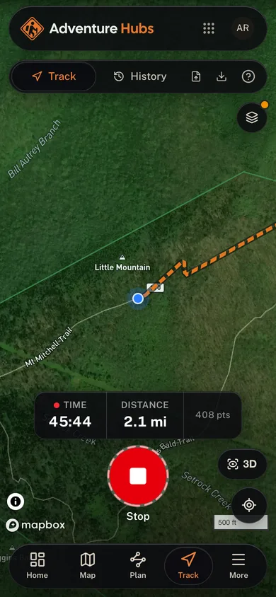 A trip being recorded live, with its line, time and distance in the Adventure Hubs app