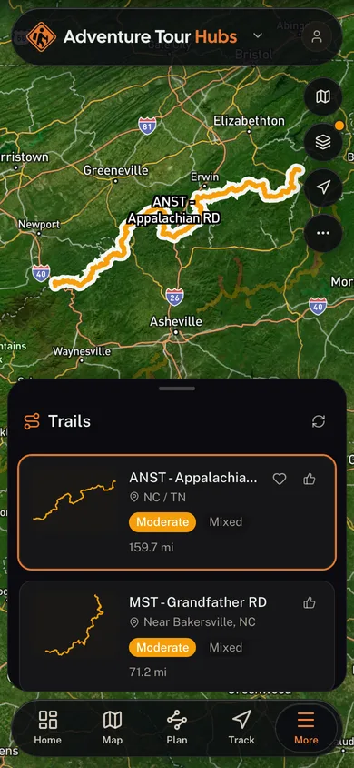 A named trail traced over satellite imagery in the Adventure Hubs app