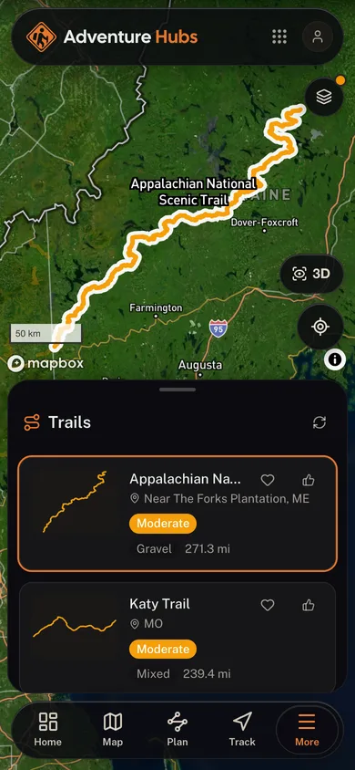 A named trail traced over satellite imagery in the Adventure Hubs app
