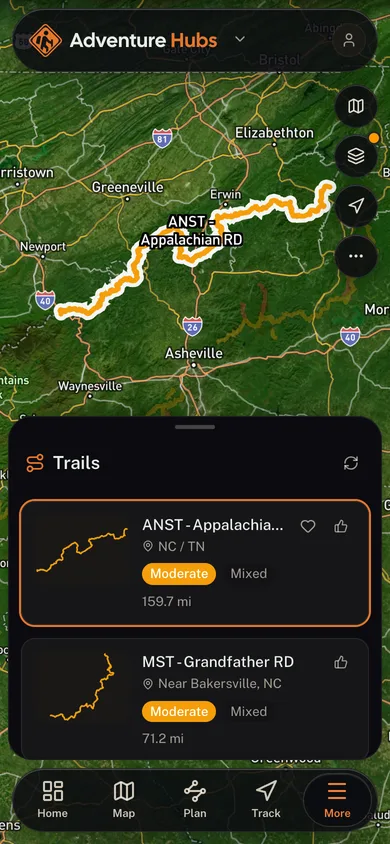 A named trail traced over satellite imagery in the Adventure Hubs app