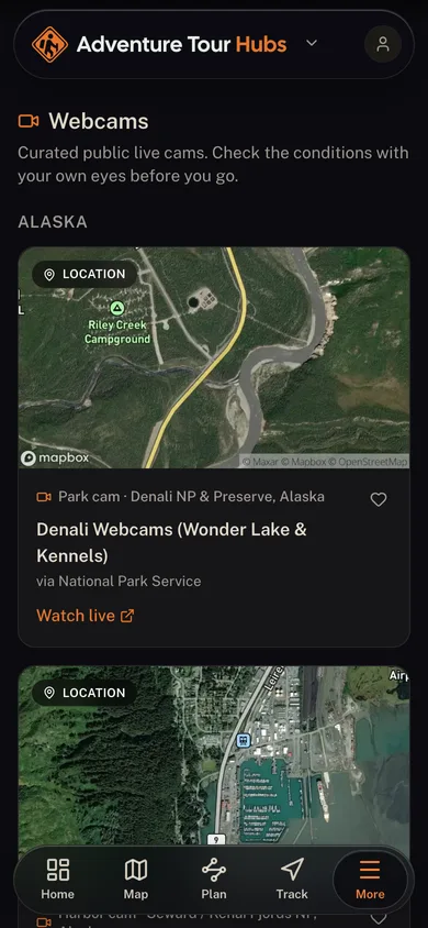 Live public webcams grouped by state in the Adventure Hubs app