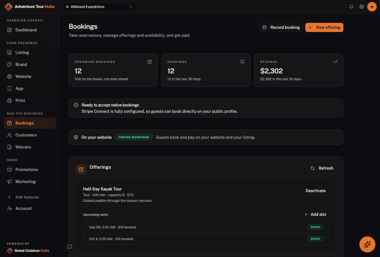 Adventure Hubs cockpit: Bookings & payments