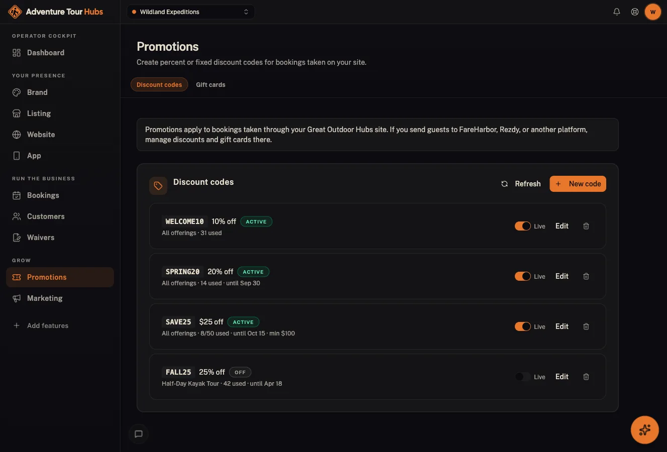 Adventure Hubs cockpit: Promotions