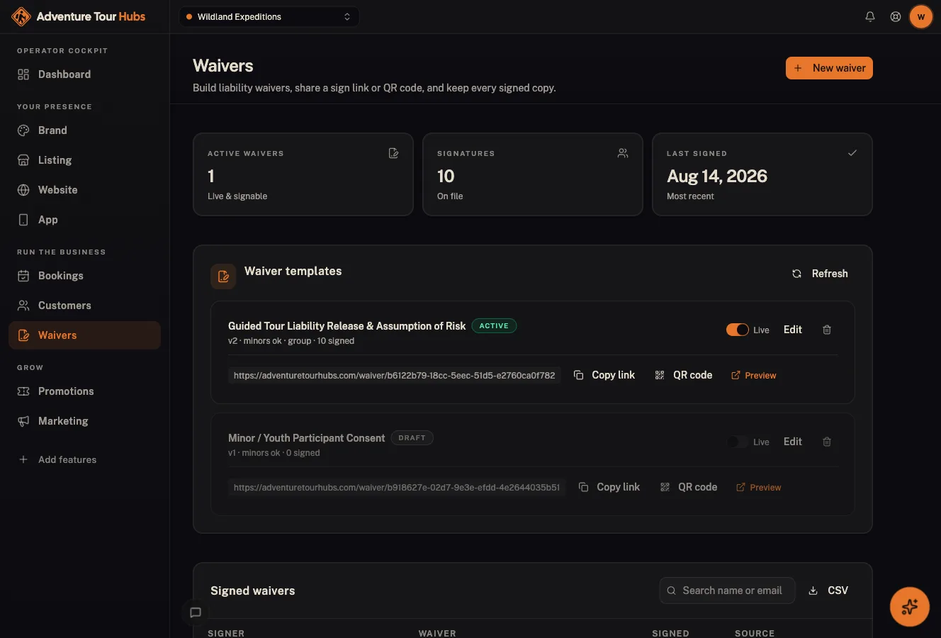 Adventure Hubs cockpit: Digital waivers