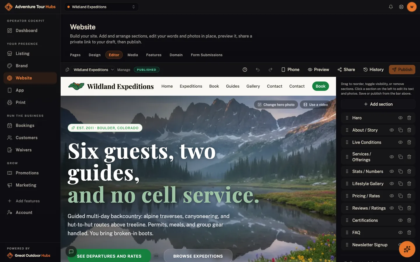Adventure Hubs cockpit: Website builder